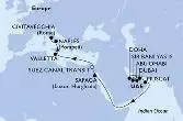 Doha,Dubai,Dubai,Dubai,Abu Dhabi,Sir Bani Yas,Muscat,Safaga,Suez Canal South,Suez Canal North,Valletta,Naples,Civitavecchia