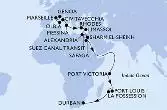 Genoa,Marseille,Olbia,Civitavecchia,Messina,Rhodes,Limassol,Alexandria,Suez Canal North,Suez Canal South,Sharm El-Sheikh,Safaga,Port Victoria,Port Louis,La Possession,Durban