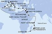 Alicante,Civitavecchia,Genoa,Marseille,Olbia,Civitavecchia,Messina,Rhodes,Limassol,Alexandria,Suez Canal North,Suez Canal South,Sharm El-Sheikh,Safaga,Port Victoria,Port Louis,La Possession,Durban