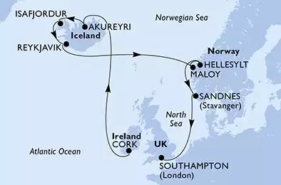 MSC VIRTUOSA - Itinerario di 12 notti partendo da CORK, IRELAND il 08/06/2026 - Cork,Akureyri,Isafjordur,Reykjavik,Reykjavik,Maloy,Hellesylt,Sandnes,Southampton