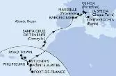 Fort de France,Pointe-a-Pitre,Philipsburg,Road Town,St John s,Santa Cruz de Tenerife,Barcelona,Marseille,Genoa,La Spezia,Civitavecchia