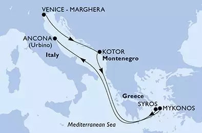 MSC LIRICA - Itinerario di 6 notti partendo da VENEZIA il 06/06/2026 - Venice-Marghera,Kotor,Mykonos,Mykonos,Syros,Ancona